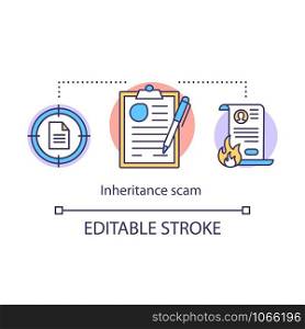 Inheritance scam concept icon. Paperwork fraud idea thin line illustration. Fake law company. Illegal actions through contract. Breaking the law. Vector isolated outline drawing. Editable stroke
