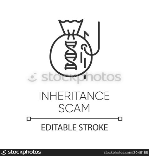 Inheritance scam linear icon. Fake benefactor. Distant relative trick. Financial fraud. Phishing. Thin line illustration. Contour symbol. Vector isolated outline drawing. Editable stroke