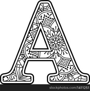 initial a in black and white with doodle ornaments and design elements from mandala art style for coloring. Isolated on white background