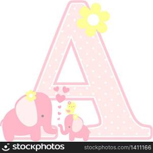 initial a with cute elephant and little baby elephant isolated on white. can be used for mother&rsquo;s day card, baby girl birth announcements, nursery decoration, party theme or birthday invitation