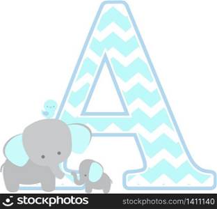 initial a with cute elephant and little baby elephant isolated on white background. can be used for father&rsquo;s day card, baby boy birth announcements, nursery decoration, party theme or birthday invitation