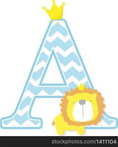 initial a with cute little lion king with golden crown isolated on white background. can be used for father&rsquo;s day card, baby boy birth announcements, nursery decoration, party theme or birthday invitation