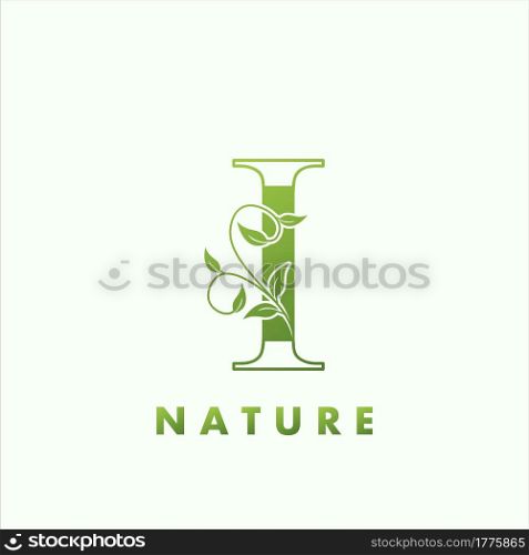 Initial Alphabet Letter I Green Nature Logo, vector logo template design concept floral leaf green color.