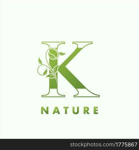 Initial Alphabet Letter K Green Nature Logo, vector logo template design concept floral leaf green color.