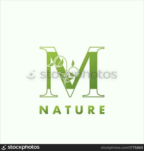 Initial Alphabet Letter M Green Nature Logo, vector logo template design concept floral leaf green color.