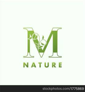 Initial Alphabet Letter M Green Nature Logo, vector logo template design concept floral leaf green color.