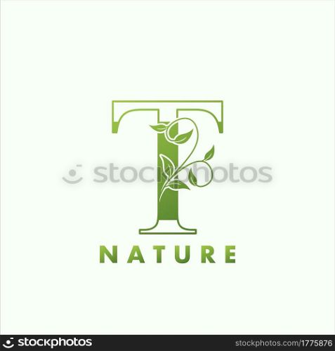 Initial Alphabet Letter T Green Nature Logo, vector logo template design concept floral leaf green color.