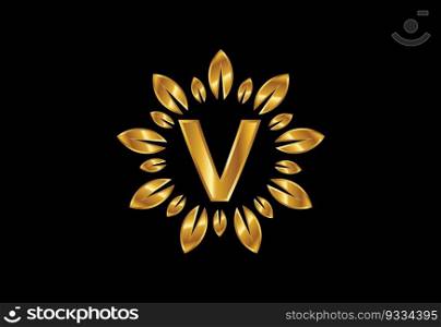 Initial alphabet with golden leaf wreath. Flower logo design concept