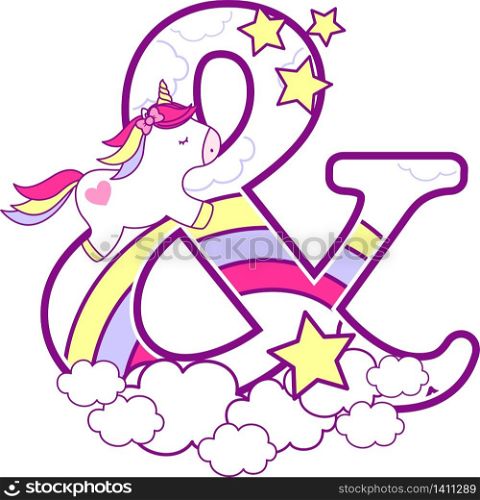 initial ampersand with cute unicorn and rainbow. can be used for baby birth announcements, nursery decoration, party theme or birthday invitation. Design for baby and children