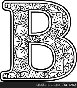 initial b in black and white with doodle ornaments and design elements from mandala art style for coloring. Isolated on white background