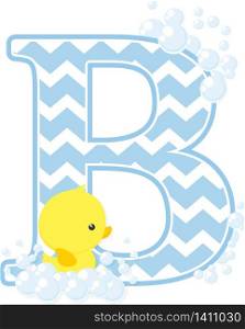 initial b with bubbles and little baby rubber duck isolated on white background. can be used for baby boy birth announcements, nursery decoration, party theme or birthday invitation