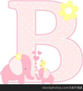 initial b with cute elephant and little baby elephant isolated on white. can be used for mother&rsquo;s day card, baby girl birth announcements, nursery decoration, party theme or birthday invitation