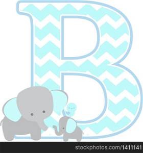 initial b with cute elephant and little baby elephant isolated on white background. can be used for father&rsquo;s day card, baby boy birth announcements, nursery decoration, party theme or birthday invitation