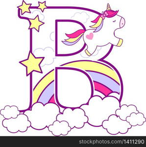 initial b with cute unicorn and rainbow. can be used for baby birth announcements, nursery decoration, party theme or birthday invitation. Design for baby and children