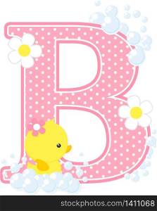 initial b with flowers and cute rubber duck isolated on white. can be used for baby girl birth announcements, nursery decoration, party theme or birthday invitation. Design for baby girl