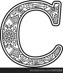 initial c in black and white with doodle ornaments and design elements from mandala art style for coloring. Isolated on white background