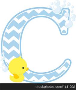 initial c with bubbles and little baby rubber duck isolated on white background. can be used for baby boy birth announcements, nursery decoration, party theme or birthday invitation