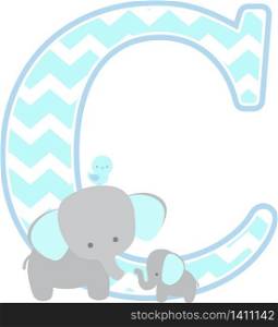 initial c with cute elephant and little baby elephant isolated on white background. can be used for father&rsquo;s day card, baby boy birth announcements, nursery decoration, party theme or birthday invitation