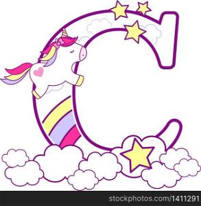 initial c with cute unicorn and rainbow. can be used for baby birth announcements, nursery decoration, party theme or birthday invitation. Design for baby and children