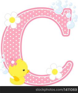 initial c with flowers and cute rubber duck isolated on white. can be used for baby girl birth announcements, nursery decoration, party theme or birthday invitation. Design for baby girl