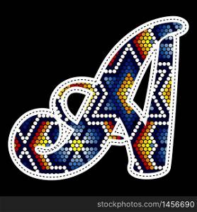 initial capital letter A with colorful dots. Abstract design inspired in mexican huichol beaded craft art style. Isolated on black background