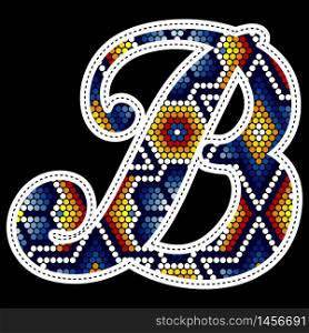 initial capital letter B with colorful dots. Abstract design inspired in mexican huichol beaded craft art style. Isolated on black background
