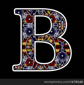 initial capital letter b with colorful dots. Abstract design inspired in mexican huichol beaded craft art style. Isolated on black background
