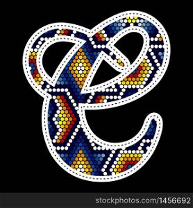 initial capital letter C with colorful dots. Abstract design inspired in mexican huichol beaded craft art style. Isolated on black background
