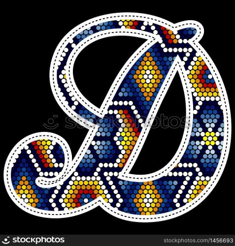 initial capital letter D with colorful dots. Abstract design inspired in mexican huichol beaded craft art style. Isolated on black background