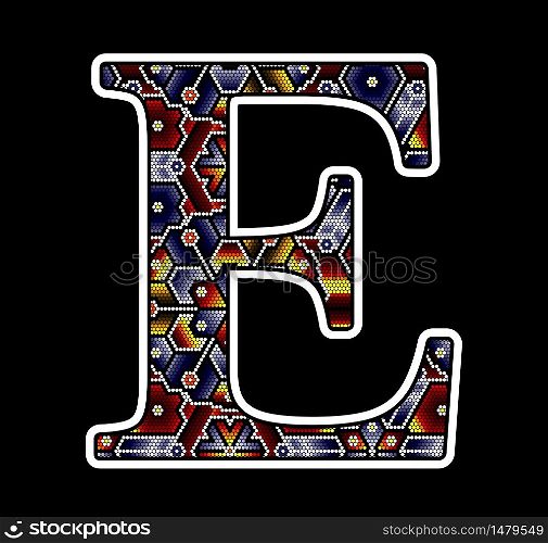initial capital letter E with colorful dots. Abstract design inspired in mexican huichol beaded craft art style. Isolated on black background
