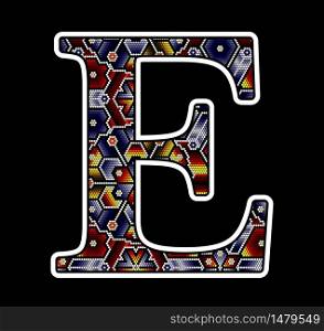 initial capital letter E with colorful dots. Abstract design inspired in mexican huichol beaded craft art style. Isolated on black background