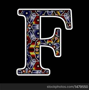 initial capital letter F with colorful dots. Abstract design inspired in mexican huichol beaded craft art style. Isolated on black background