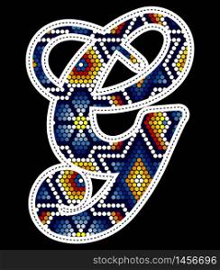 initial capital letter G with colorful dots. Abstract design inspired in mexican huichol beaded craft art style. Isolated on black background