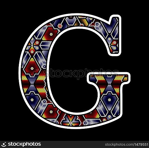 initial capital letter G with colorful dots. Abstract design inspired in mexican huichol beaded craft art style. Isolated on black background