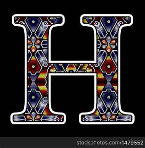 initial capital letter H with colorful dots. Abstract design inspired in mexican huichol beaded craft art style. Isolated on black background