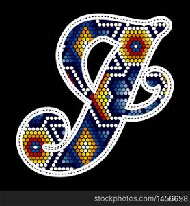 initial capital letter I with colorful dots. Abstract design inspired in mexican huichol beaded craft art style. Isolated on black background