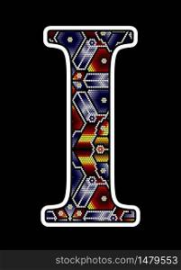 initial capital letter I with colorful dots. Abstract design inspired in mexican huichol beaded craft art style. Isolated on black background