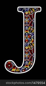 initial capital letter J with colorful dots. Abstract design inspired in mexican huichol beaded craft art style. Isolated on black background