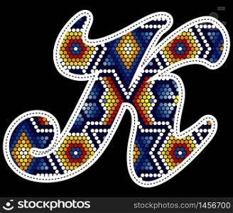 initial capital letter K with colorful dots. Abstract design inspired in mexican huichol beaded craft art style. Isolated on black background