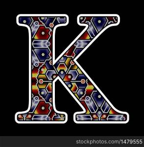 initial capital letter K with colorful dots. Abstract design inspired in mexican huichol beaded craft art style. Isolated on black background