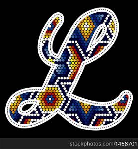 initial capital letter L with colorful dots. Abstract design inspired in mexican huichol beaded craft art style. Isolated on black background