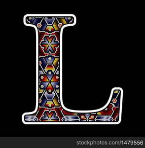 initial capital letter L with colorful dots. Abstract design inspired in mexican huichol beaded craft art style. Isolated on black background