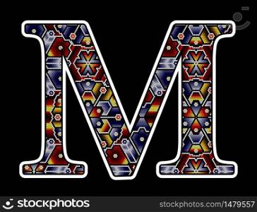initial capital letter M with colorful dots. Abstract design inspired in mexican huichol beaded craft art style. Isolated on black background