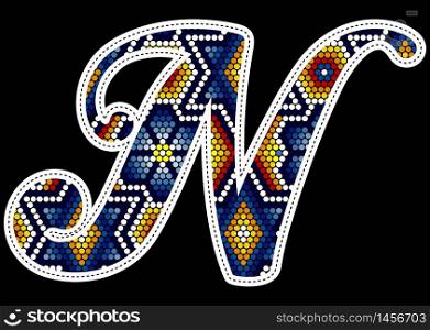 initial capital letter N with colorful dots. Abstract design inspired in mexican huichol beaded craft art style. Isolated on black background