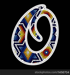 initial capital letter O with colorful dots. Abstract design inspired in mexican huichol beaded craft art style. Isolated on black background