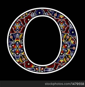 initial capital letter O with colorful dots. Abstract design inspired in mexican huichol beaded craft art style. Isolated on black background