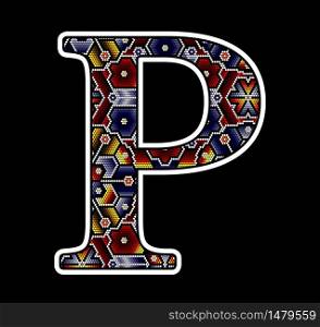 initial capital letter P with colorful dots. Abstract design inspired in mexican huichol beaded craft art style. Isolated on black background