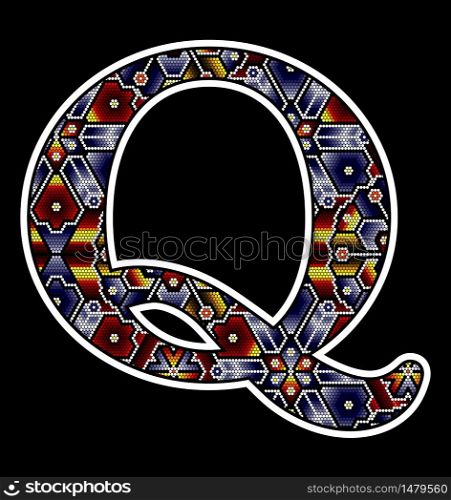 initial capital letter Q with colorful dots. Abstract design inspired in mexican huichol beaded craft art style. Isolated on black background