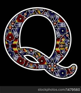 initial capital letter Q with colorful dots. Abstract design inspired in mexican huichol beaded craft art style. Isolated on black background