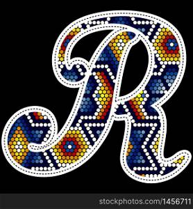 initial capital letter R with colorful dots. Abstract design inspired in mexican huichol beaded craft art style. Isolated on black background